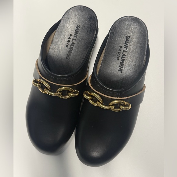 Saint Laurent Black Mules with Gold Chain